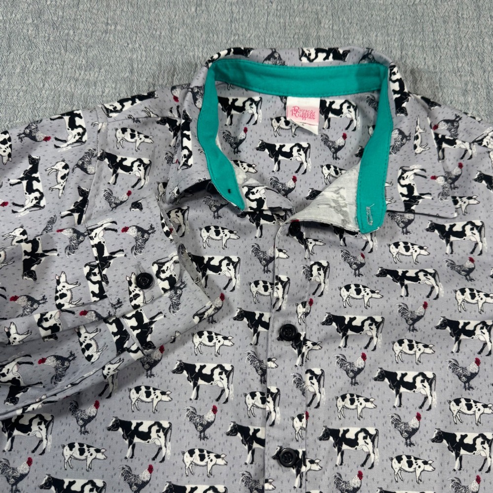 Ricrac & Ruffles Boys Sz 8 Button Up Shirt Farm Cows Pigs Chickens Long Sleeve